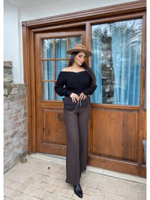 Kahverengi Yüksek Bel Kumaş Pantolon