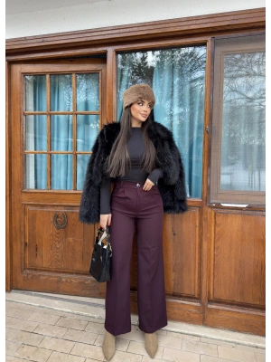 Mürdüm Beli Lastikli Kumaş Pantolon