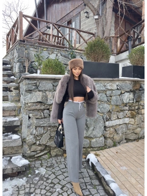 Gri Bel Detay Kumaş Pantolon