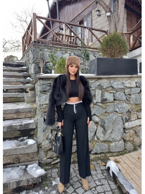 Siyah Bel Detay Kumaş Pantolon