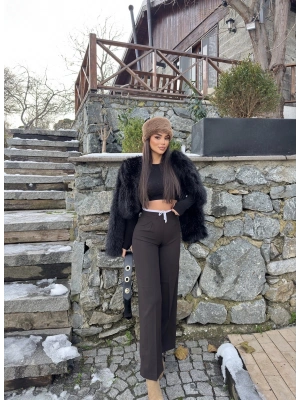 Kahverengi Bel Detay Kumaş Pantolon