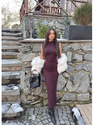 Mürdüm Kolsuz Yırtmaç Detay Uzun Elbise