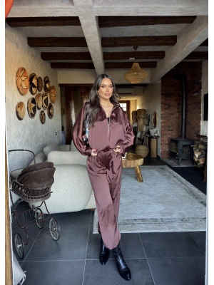 Kahverengi Saten Yarasa Kol İkili Takım