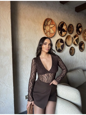 Kahverengi Dantel Bodysuit