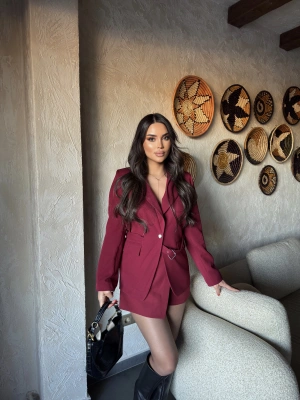 Bordo Kemerli Blazer Ceket
