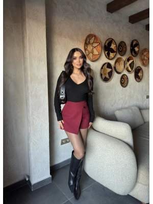 Bordo Asimetrik Şort Etek