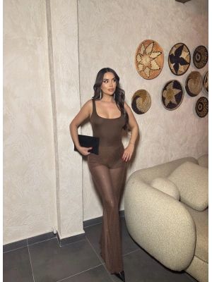 Kahverengi Kare Yaka Taşlı Tulum