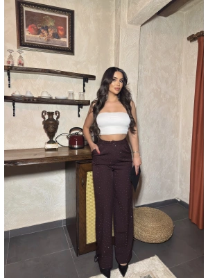 Mürdüm Double Kumaş Taşlı Pantolon