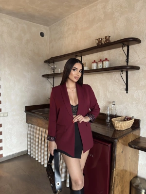 Bordo Leopar Detay Blazer Ceket