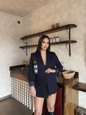 Lacivert Leopar Detay Blazer Ceket