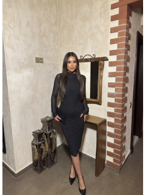 Siyah Taşlı Astarlı Uzun Elbise