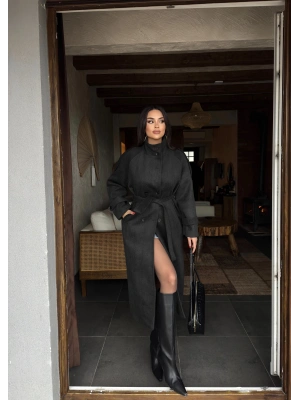 Antrasit Dik Yaka Uzun Kaşe Kaban