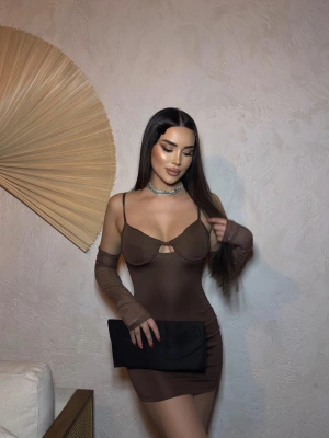 Kahverengi Kolları Tül Gloplu Elbise