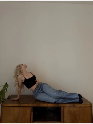 Mavi Wide Leg Önü Taşlı Pantolon