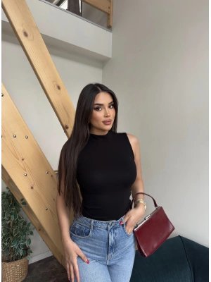 Siyah Yarım Balıkçı Kolsuz Crop