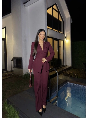 Bordo Bağlamalı Blazer Takım
