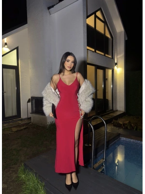 Kırmızı Fiyonk Dekolteli Uzun Elbise