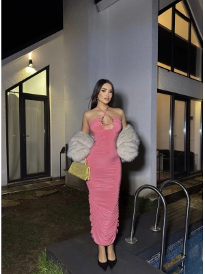 Pembe Boyundan Bağlamalı Drapeli Tasarım Elbise