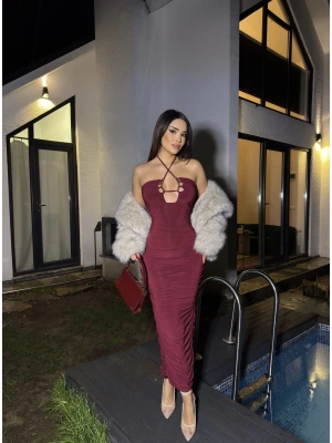 Bordo Boyundan Bağlamalı Drapeli Tasarım Elbise