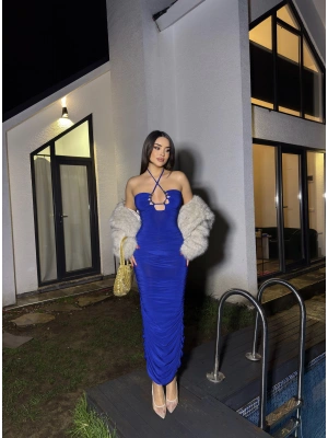 Saks Mavisi Boyundan Bağlamalı Drapeli Tasarım Elbise