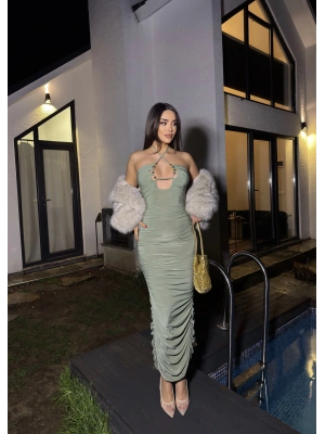 Mint Yeşil Boyundan Bağlamalı Drapeli Tasarım Elbise