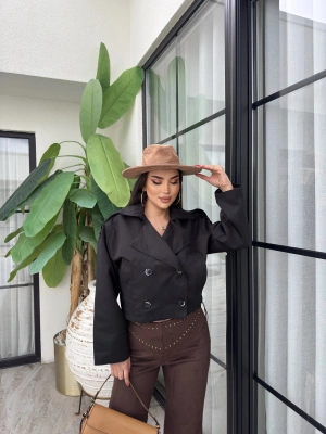 Siyah Düğmeli Kısa Trenç Kot