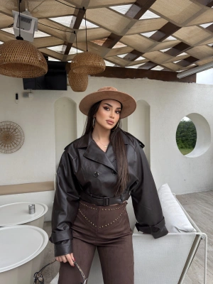 Kahverengi Crop Kemerli Deri Ceket