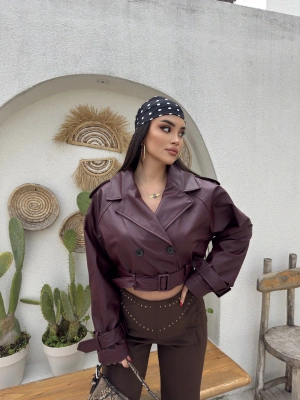 Bordo Crop Kemerli Deri Ceket