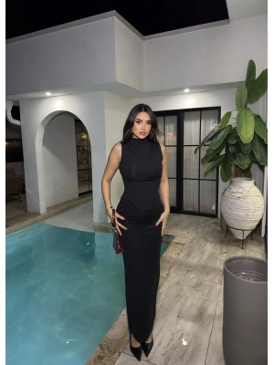 Siyah Korseli Uzun Elbise