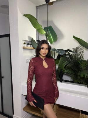 Bordo Damla Dekolteli Dantel Elbise