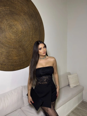 Siyah Straplez Brode Crop