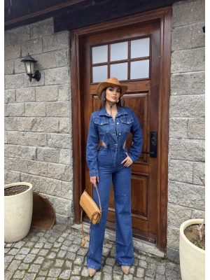 Mavi Bel Dekolteli Kot Tulum