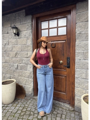 Mavi Geniş Paça Dökümlü Pantolon