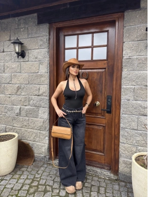 Füme Geniş Paça Dökümlü Pantolon