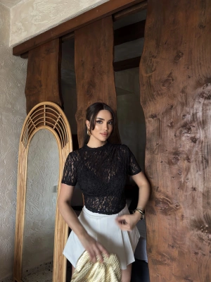 Siyah Drapeli Dantel Crop