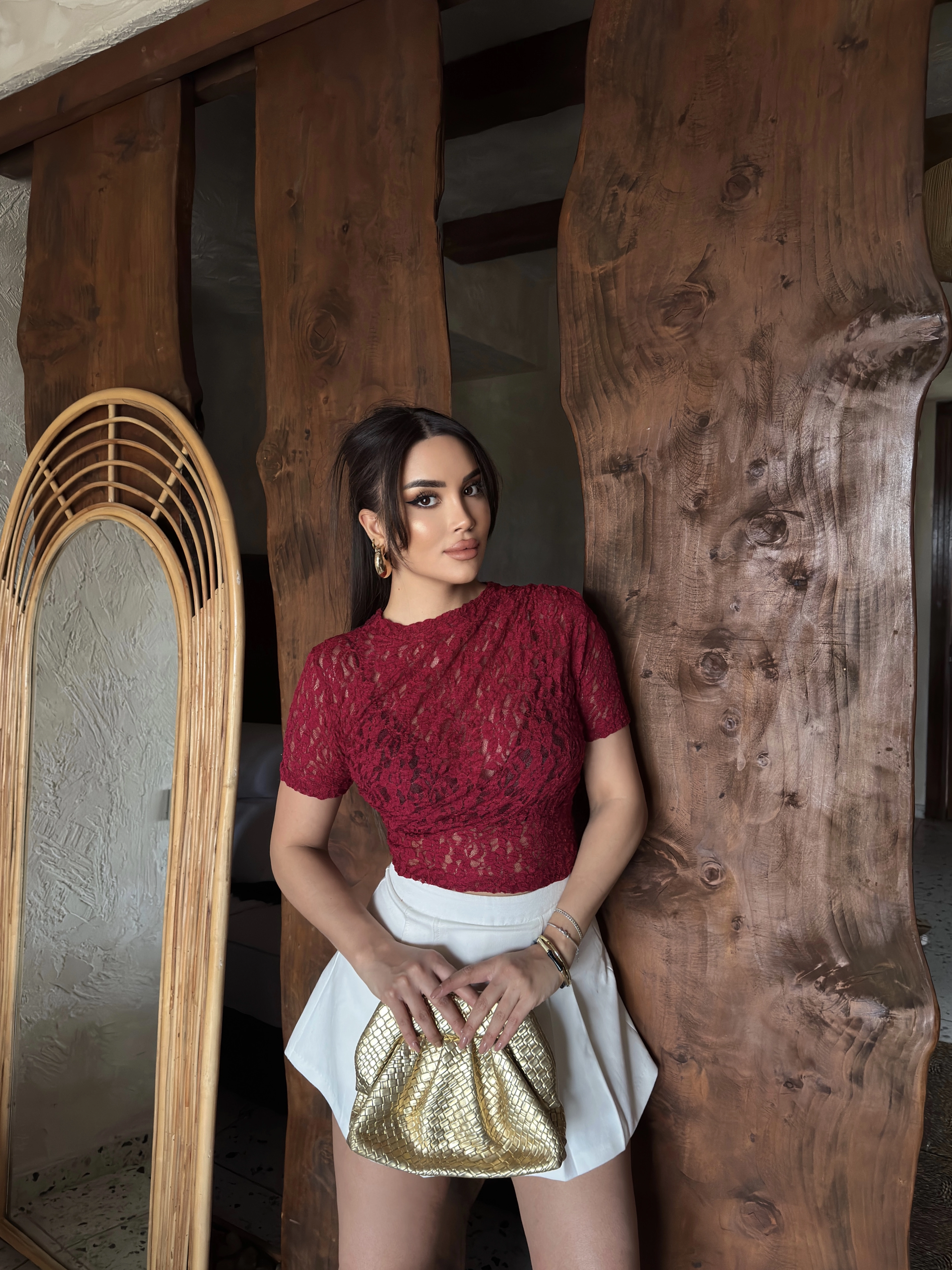 Bordo Drapeli Dantel Crop