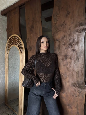 Kahverengi Güpürlü Transparan Bodysuit