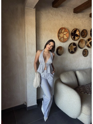 Siyah Çizgili Desen Boyundan Bağlamalı Takım