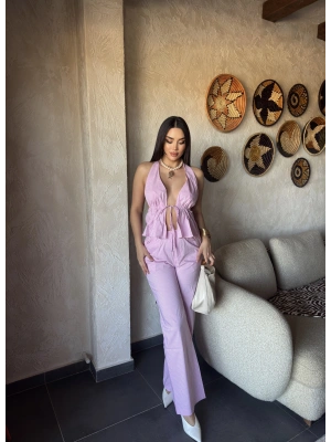 Pembe Çizgili Desen Boyundan Bağlamalı Takım