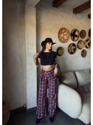 Bordo Beli Fularlı Tailored Fit Pantolon