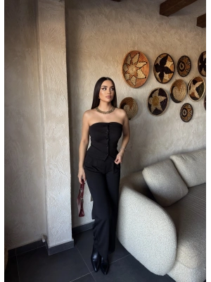 Siyah Düğme Detay Straplez Takım