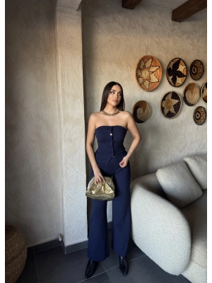 Lacivert Düğme Detay Straplez Takım