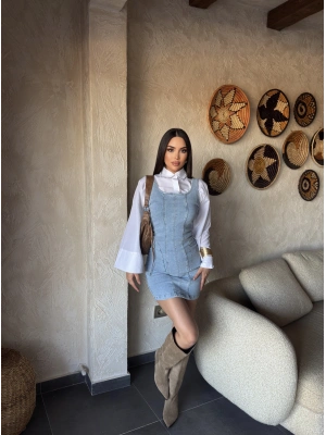 Buz Mavisi Pensli Mini Elbise