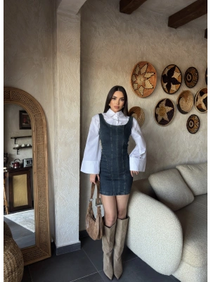 Koyu Mavi Pensli Mini Elbise