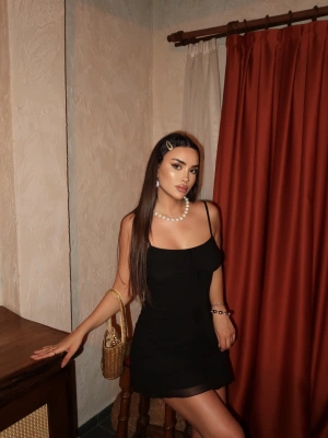 Siyah Kurdele Detay Mini Tül Elbise