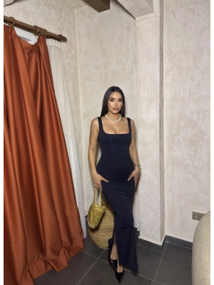 Lacivert Kare Yaka Drapeli Uzun Elbise