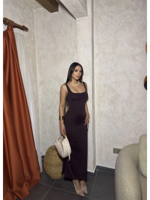 Mürdüm Kare Yaka Drapeli Uzun Elbise