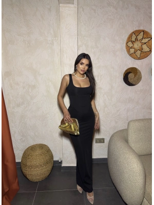 Siyah Kare Yaka Korseli Uzun Elbise