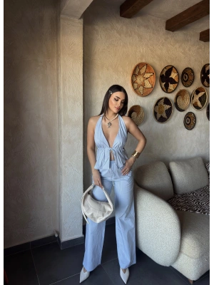 Mavi Çizgili Desen Boyundan Bağlamalı Takım