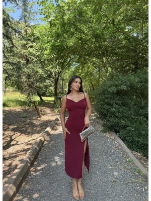 Bordo Degaje Yaka Uzun Elbise